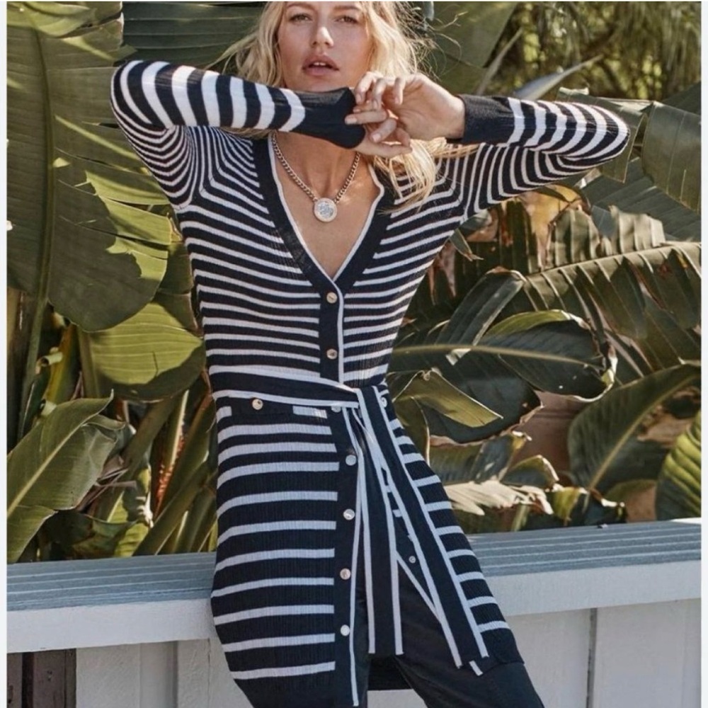 NWT XS WHBM Black and White Stripe Long Sleeve Belted Duster/Sweater (ABBA)